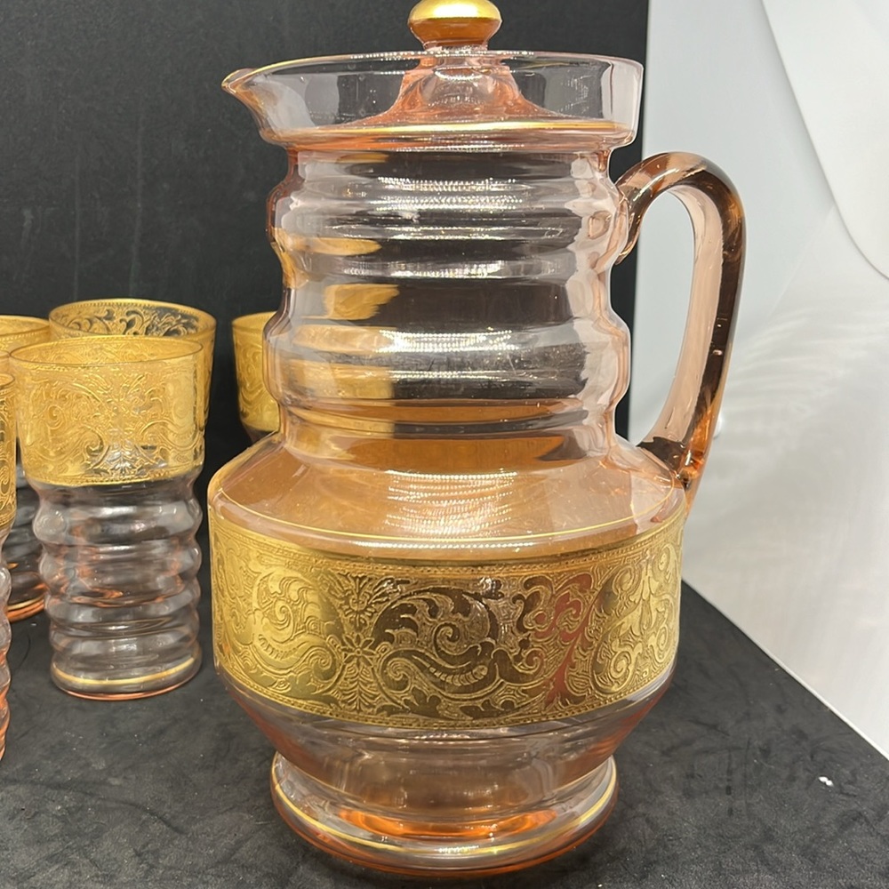 Art Deco Dunbar Flint Pink /G Depression Lemonade Pitcher 1920's with 6 glasses - Picture 9 of 14